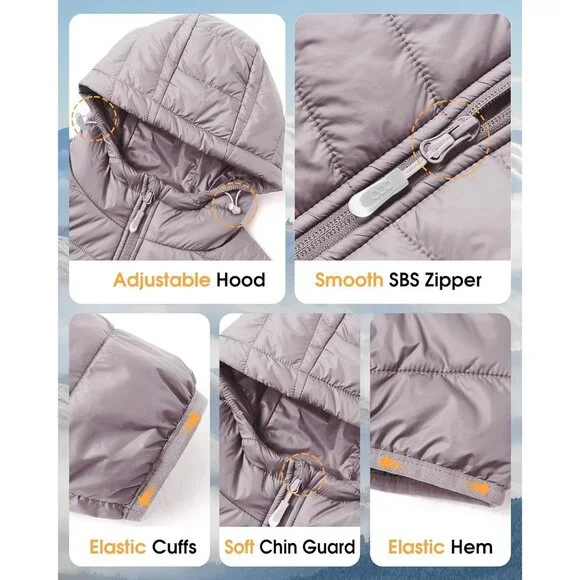 Women's Quilted Hooded Puffer Jacket Coat Pinkish Gray Lightweight Packable - Picture 7 of 7